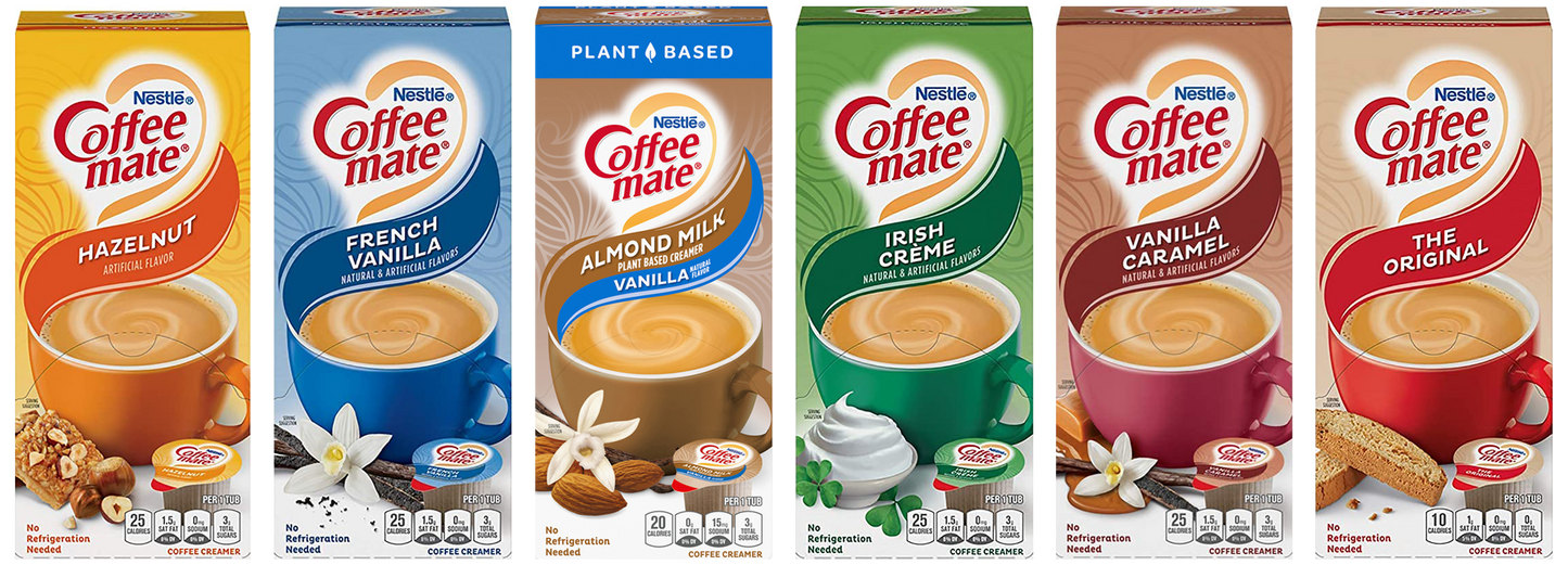 Coffee Mate 180 Liquid Singles Mix of Almond Milk, Irish Creme, French Vanilla, Vanilla Caramel, The Original & Hazelnut, 30 Singles each flavor.