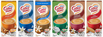 Coffee Mate 180 Liquid Singles Mix of Almond Milk, Irish Creme, French Vanilla, Vanilla Caramel, The Original & Hazelnut, 30 Singles each flavor.