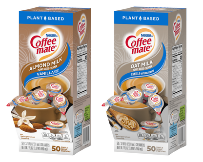 Coffee Mate 100 Liquid Singles Mix of Almond Milk & Oat Milk, 50 Singles each flavor.