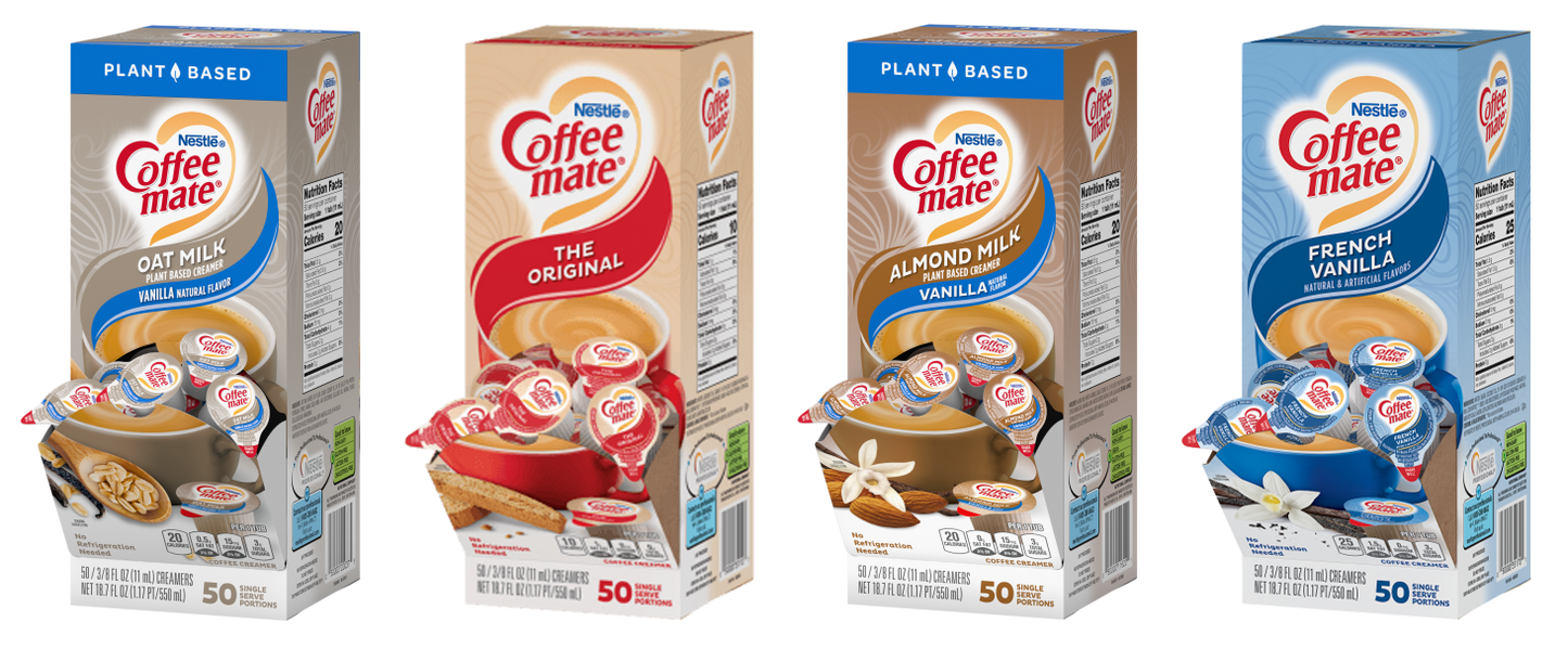 Coffee Mate 200 Liquid Singles Mix of Almond Milk, French Vanilla, Oat Milk & The Original, 50 Singles each flavor.