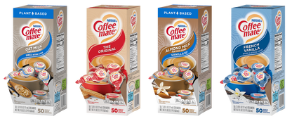 Coffee Mate 200 Liquid Singles Mix of Almond Milk, French Vanilla, Oat Milk & The Original, 50 Singles each flavor.