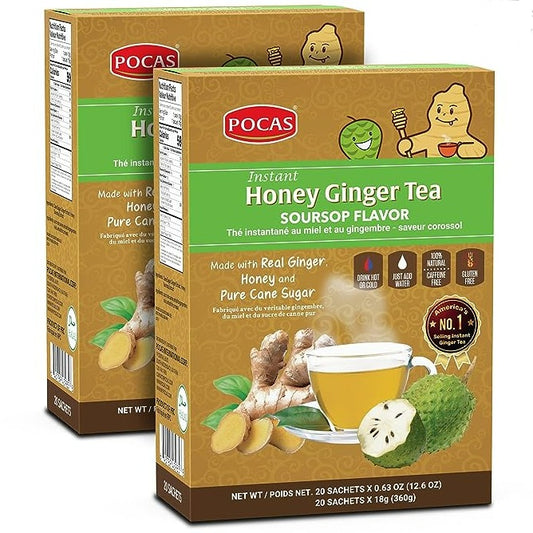 Pocas Honey Ginger Tea - Instant Tea Powder Packets with Soursop & Ginger Honey Crystals Tea, Non-GMO/Gluten Free/Caffeine Free Tea, 20 Count (Pack of 2)