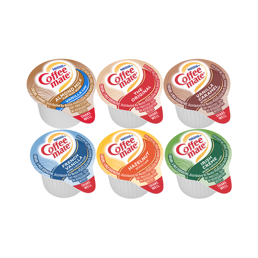 Coffee Mate 180 Liquid Singles Mix of Almond Milk, Irish Creme, French Vanilla, Vanilla Caramel, The Original & Hazelnut, 30 Singles each flavor.