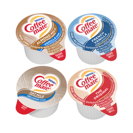 Coffee Mate 200 Liquid Singles Mix of Almond Milk, French Vanilla, Oat Milk & The Original, 50 Singles each flavor.