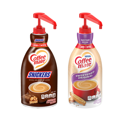 Premium Coffee Mate Pump Liquid Creamers Snickers & Sweetened Original, Bundle of 2