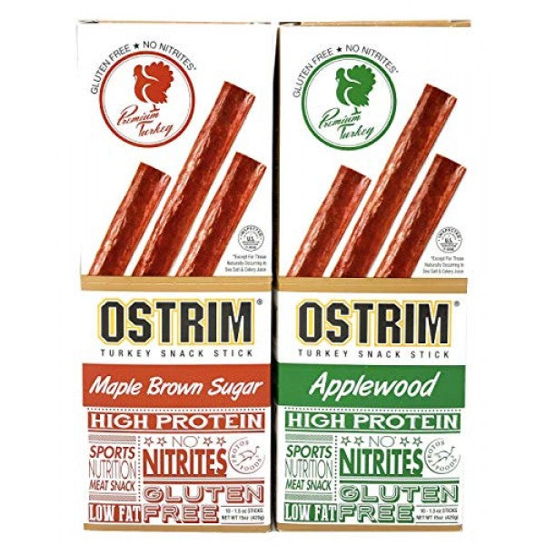 Ostrim Turkey Meat Snack Sticks - Maple Brown Sugar & Applewood - Pack of 20 (10 of each flavor)